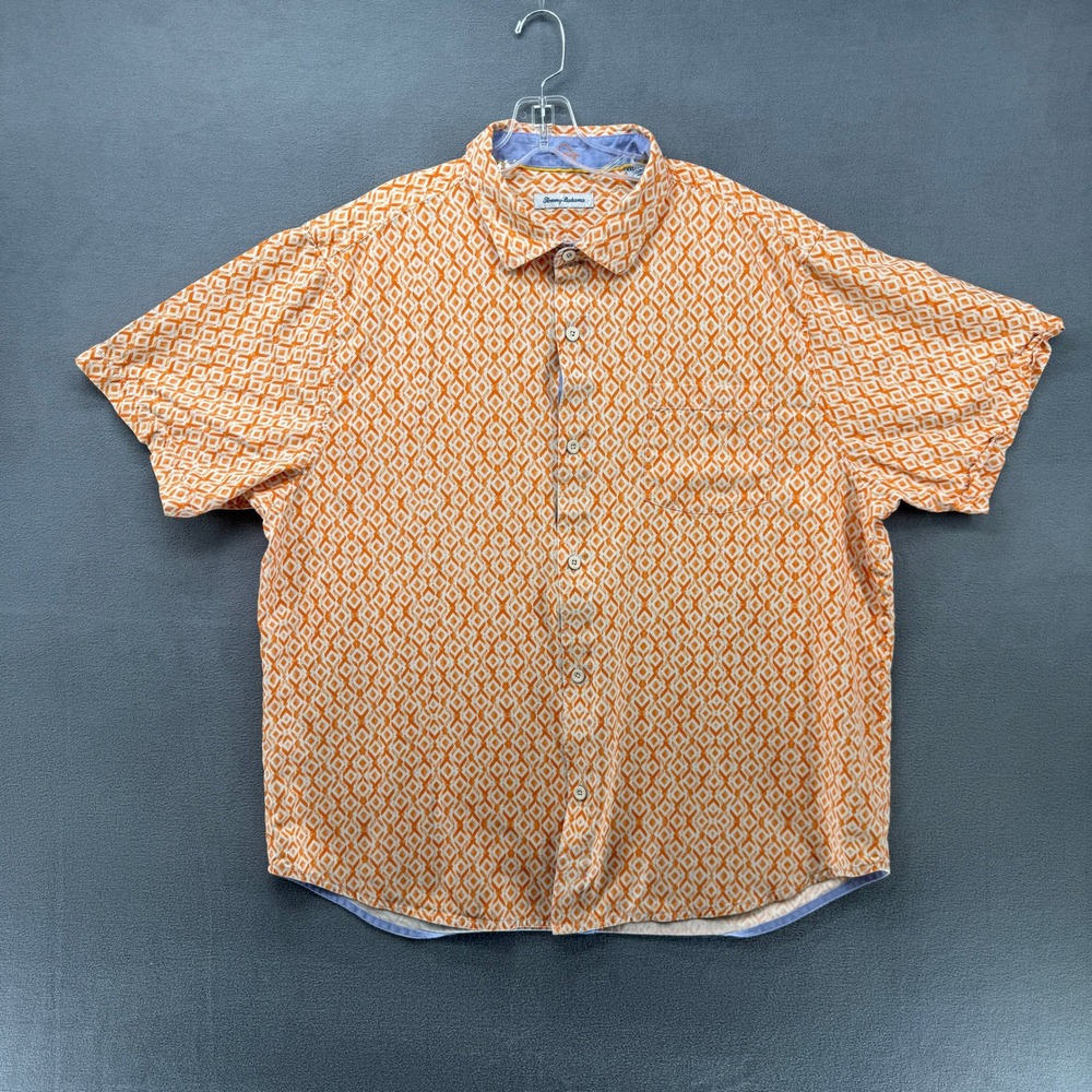 Tommy Bahama 100% Silk Camp Shirt Mens 2XL Orange Diamond Print Short Sleeve
